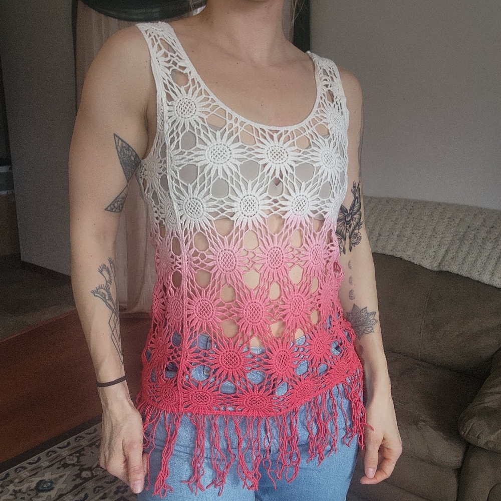 Deb Floral Crochet Open Knit Tank Top Size Medium